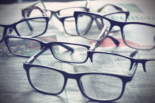 A variety of eyeglasses scattered on newspapers, emphasizing fashion and reading themes.